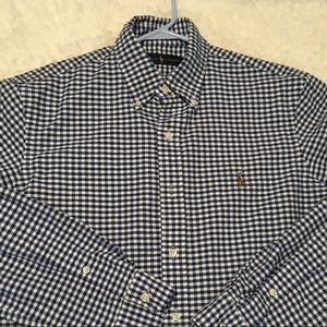 Navy blue gingham button up dress shirt EUC